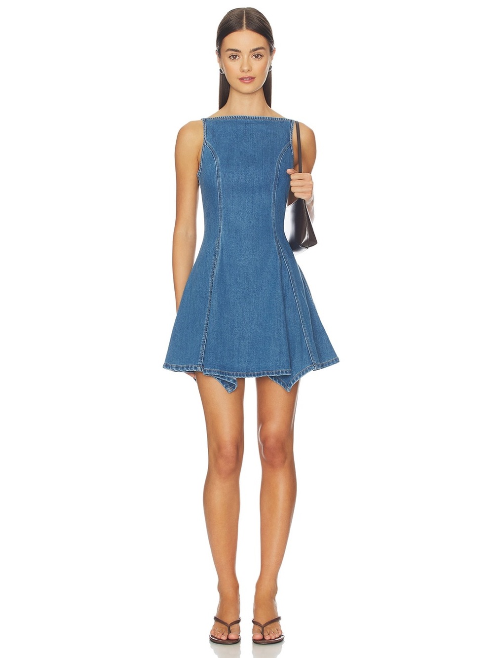 Sovere Studio Elodie Mini Dress Denim High Neck Zip Back Fit and Flare Jean Blue